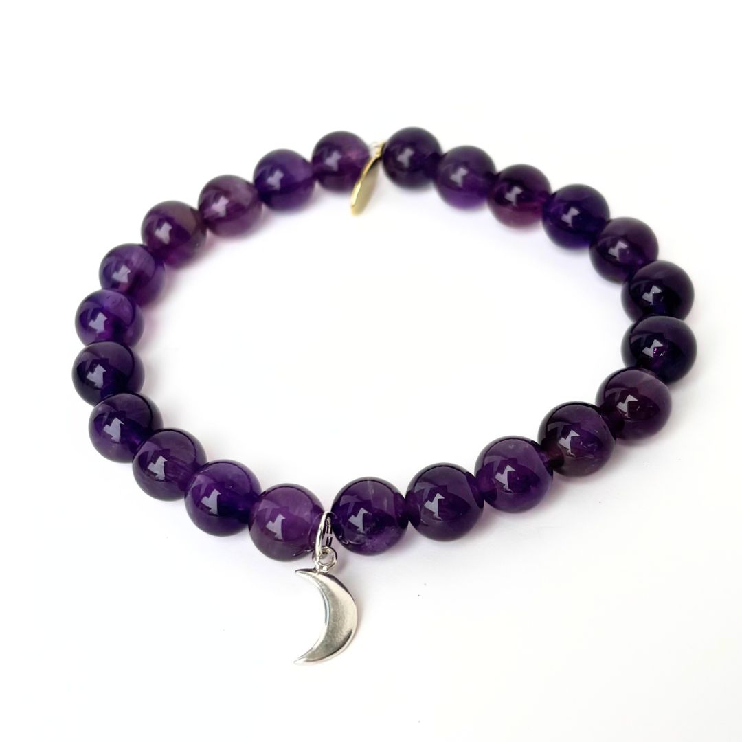 Amethyst Bead Bracelet Crescent Moon Charm Infinite Warrior