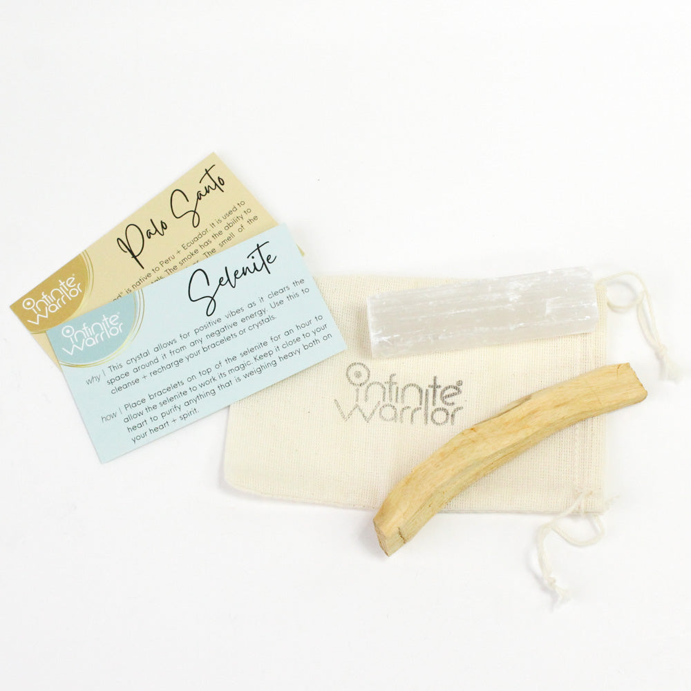 Cleansing Crystals | Selenite Crystal + Palo Santo Wood Duo