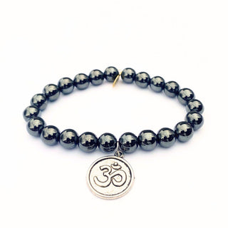 Hematite Crystal Bracelet | Gunmetal + Silver Om Charm