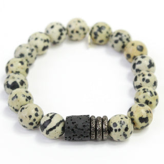 Jasper Stone Bracelet | Dalmatian + Lava Barrel + Gunmetal Rings