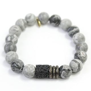 Jasper Stone Bracelet | Gray + Lava Barrel + Gunmetal Rings